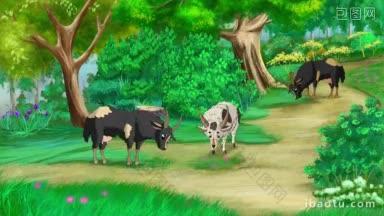 家养山羊在草地上吃草手工动画